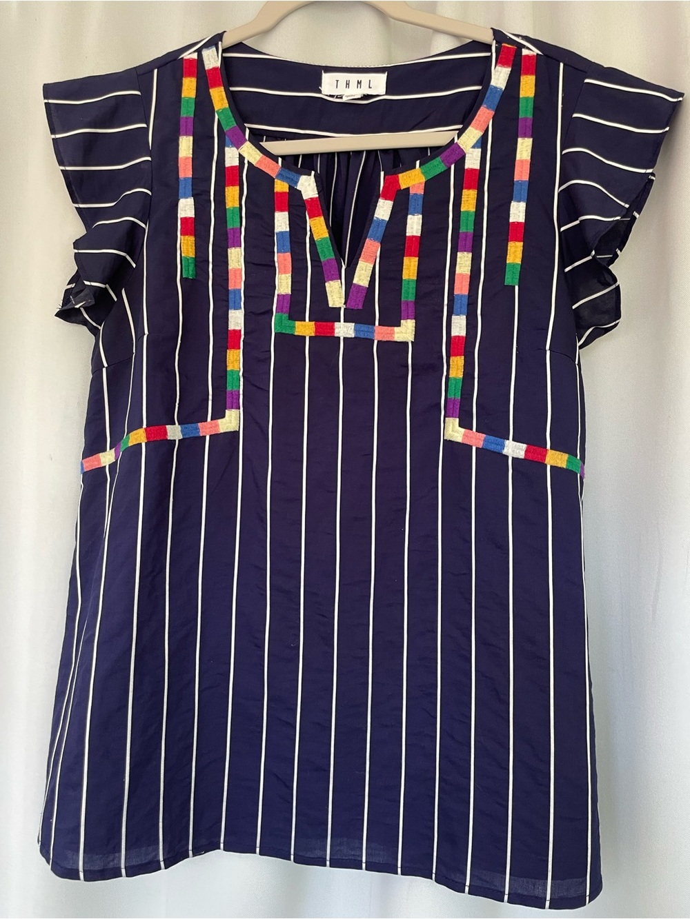 THML Navy Striped Top with Multicolor Embroidered Trim